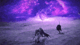 a purple background with a bird and a person