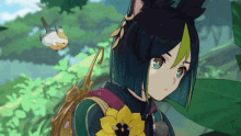 a cartoon girl with a backpack and a bird flying in the background