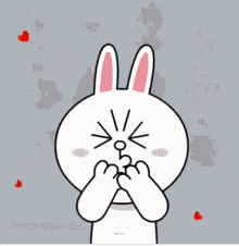 a cartoon of a rabbit covering its face with its hands surrounded by red hearts