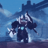 a video game character is standing in a dark room with a blue light behind him .