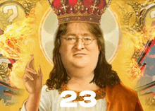 a man with a crown on his head and the number 23 on the bottom