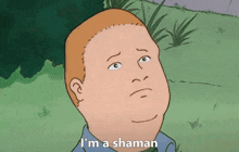 a cartoon character says " i 'm a shaman " in the grass