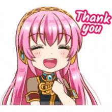 a cartoon girl with pink hair and headphones is smiling and saying thank you .