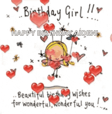 a birthday card for a girl with a fairy on a swing surrounded by red hearts .