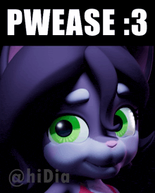 a picture of a cat with green eyes and the words pwease : 3 below it