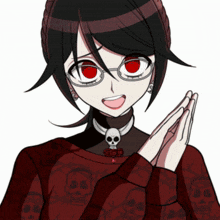 a girl with red eyes is wearing a skull sweater