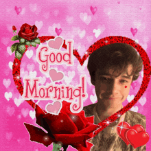 a picture of a man with a red rose and hearts says good morning