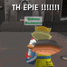 a cartoon character holding a bucket of soursocks says th epic !!!
