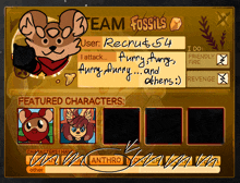 a screen that says ' team fossils ' at the top of it