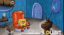 a cartoon of spongebob sitting in a chair watching a tv .
