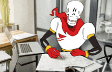 a cartoon of papyrus sitting at a desk with a laptop