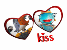 a fox and a fish in hearts with the word kiss
