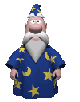 a cartoon wizard with a beard is wearing a blue robe and hat .