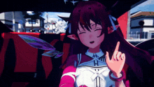 a girl with red hair is sitting in a car