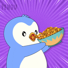 a penguin is eating a bowl of cereal with the word penguin on the bottom