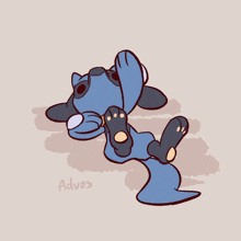 a drawing of a blue animal with the name adves on the bottom right