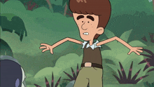 a cartoon character with a very long arm is standing in a jungle