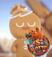 a gingerbread man with a crown on his head is holding a slot machine