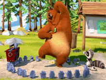 a cartoon bear is dancing in front of a radio and a raccoon