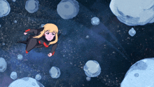 a cartoon of a girl flying through space with bubbles