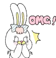 a pixel art drawing of a bunny with a bow tie and the word omg