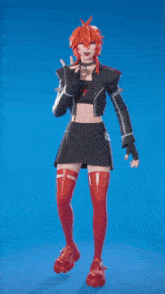 a girl with red hair is wearing red thigh high stockings and red shoes