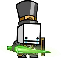 a cartoon character wearing a top hat is holding a green sword