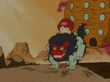 a cartoon character is riding on the back of a lion