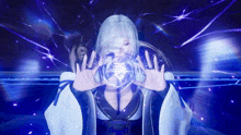 a woman with white hair is holding a blue object