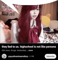 a picture of a girl with red hair and the words hey lied to us highschool is not like personal