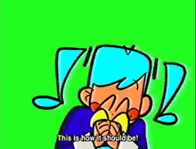 a cartoon character with blue hair and a yellow bow tie .