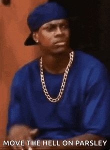 a man wearing a blue shirt and a hat is giving a thumbs up and says `` move the hell on parsley '' .