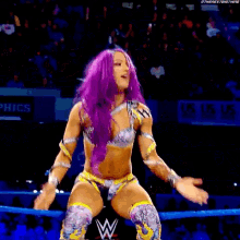 a woman with purple hair is standing in a wrestling ring with another woman .