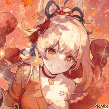 a girl with long blonde hair and red eyes is wearing a butterfly necklace and a kimono .