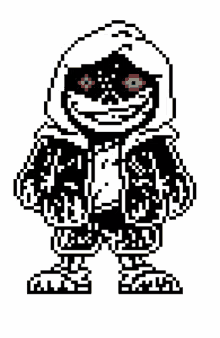 a pixel art of dust sans from undertale with red eyes and a hoodie .