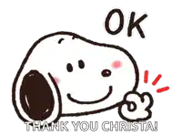 a picture of snoopy giving a thumbs up with the words ok thank you christa