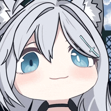 a drawing of a girl with white hair and blue eyes has a cross in her hair