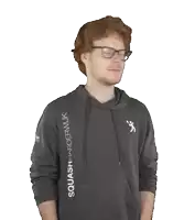 a man wearing glasses and a hoodie that says squash harder uk