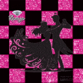 a silhouette of a man and a woman dancing on a pink and black checkered background made by raniya
