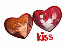 a couple of red hearts with the word kiss on it
