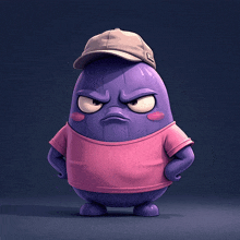 a purple cartoon character wearing a baseball cap and a pink shirt