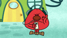a cartoon character wearing headphones and holding a cellphone