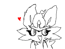 a black and white drawing of a cat with a red heart