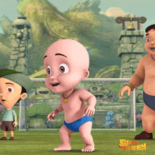 a cartoon of a baby in a blue diaper with the words super sheem on the bottom right