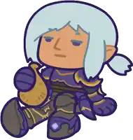 a cartoon character with white hair and a purple armor