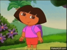 dora from dora the explorer is standing in a field of flowers