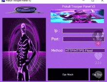 a purple screen with a skeleton and the words pskull trooper panel v2 at the top