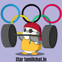 a cartoon of a penguin lifting a barbell in front of the olympic rings
