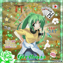 a picture of a girl with green hair and the words girlboss on it