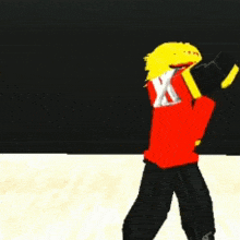 a cartoon character in a red sweater and black pants is holding his head in his hands